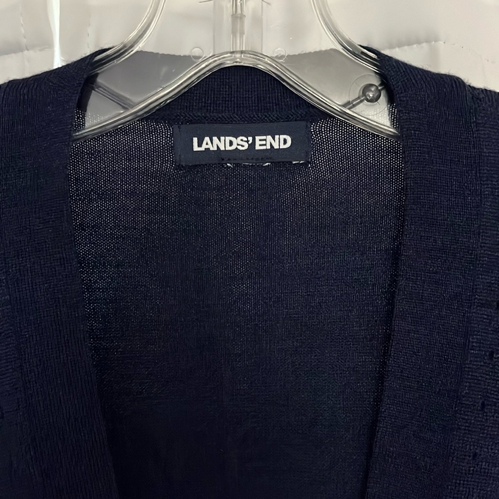 Land’s End S photo sample long navy cardigan 2 pockets one button front closure